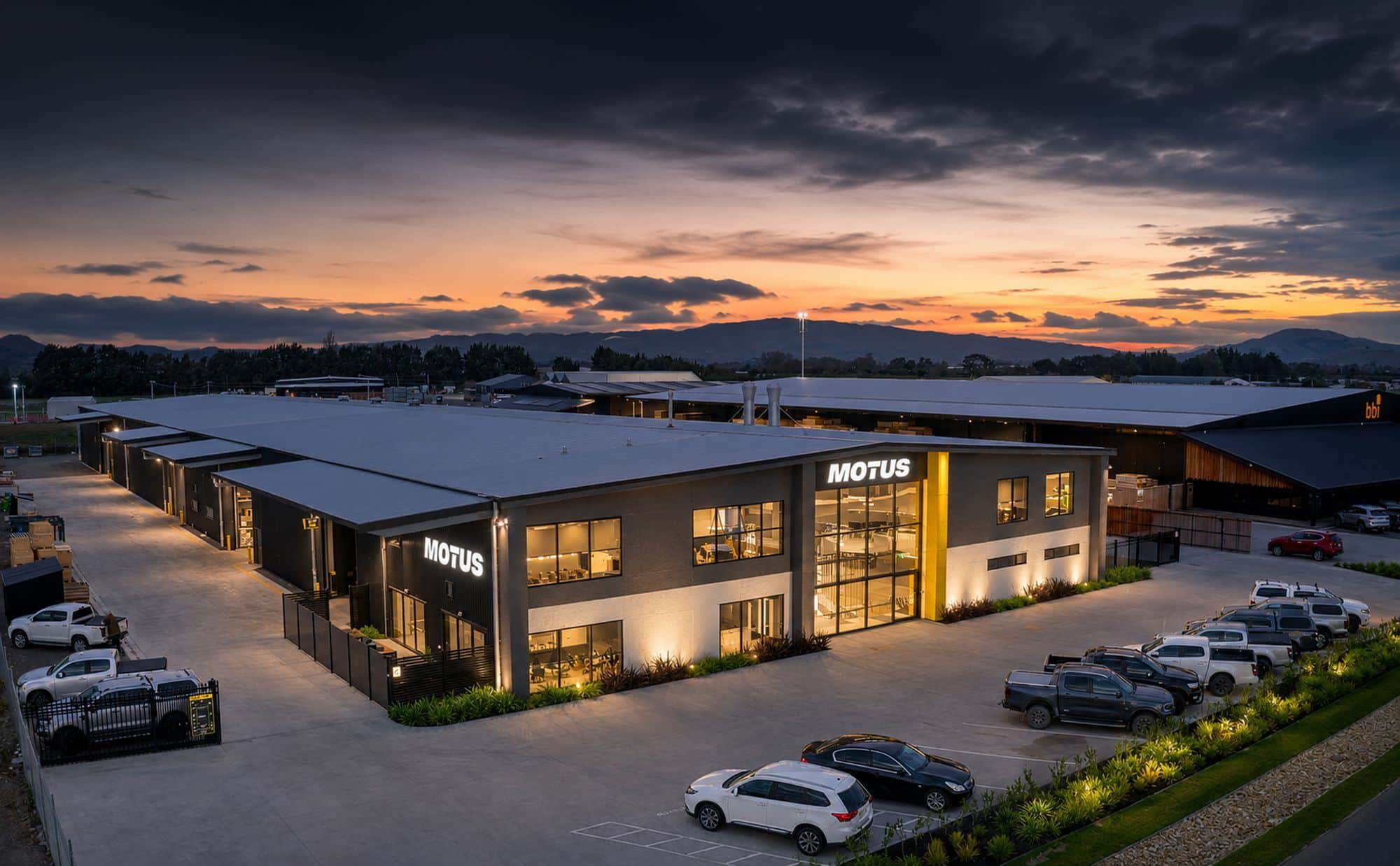 The Motus factory in Hastings at dusk